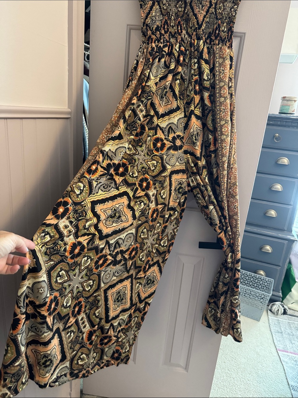 Printed V-Neck Wide Leg Jumpsuit in Brown and Black - Picture 3 of 6